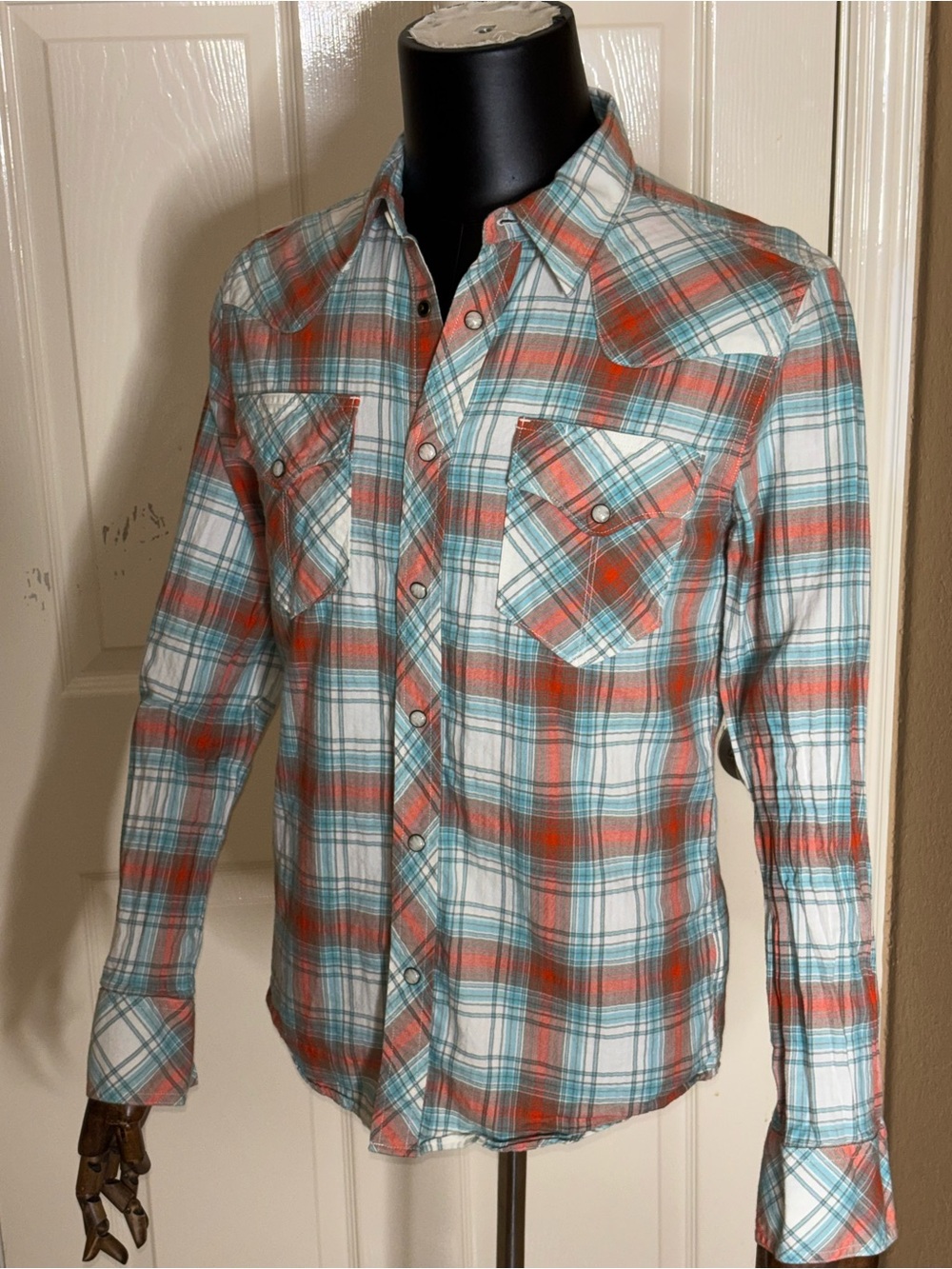 Tecovas Shirt Mens Small Orange Blue Plaid Western Pearl Snap Long Sleeve - Picture 2 of 10
